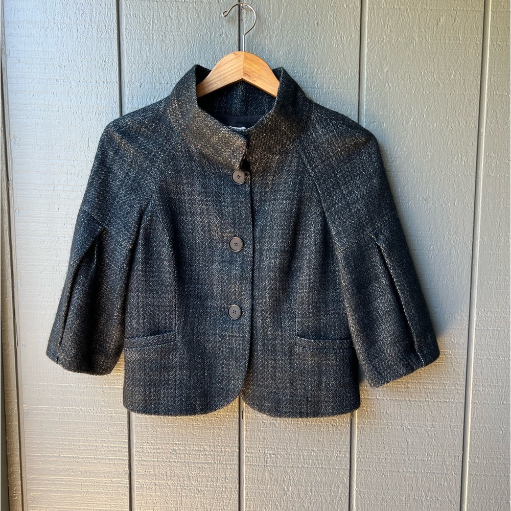 Vintage Ann Taylor Tweed Black White Wool Blend Balloon Sleeve Swing Jacket